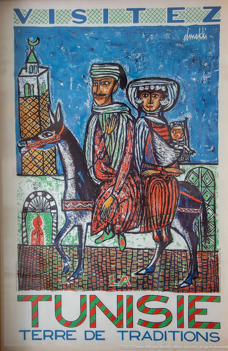 Colorful Tunisia poster showing two traditionally dressed riders on horseback with text Terre de Traditions.