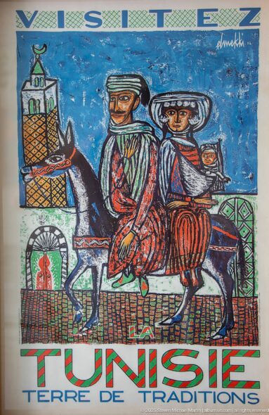 Colorful Tunisia poster showing two traditionally dressed riders on horseback with text Terre de Traditions.