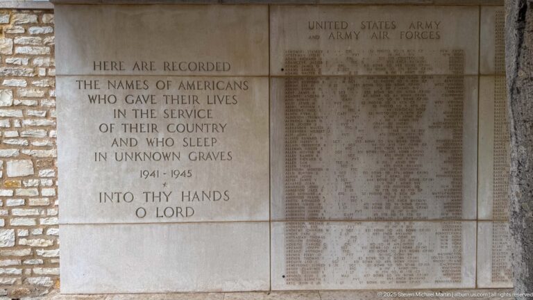 Stone Tablets of the Missing with dedication text and columns of Army and Army Air Forces names.