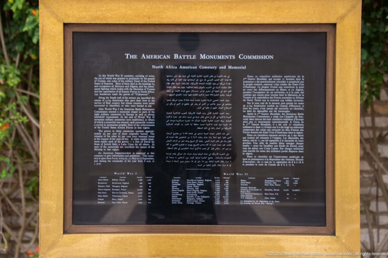 Framed multilingual American Battle Monuments Commission information plaque with text and statistical tables.