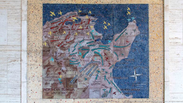 Mosaic military map of Tunisia and the Mediterranean with arrows, aircraft symbols, and place names.
