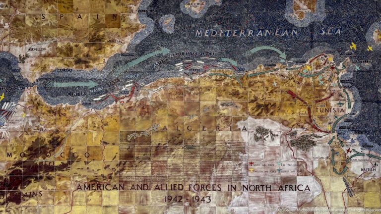 Wide mosaic map of North Africa labeled American and Allied Forces in North Africa 1942–1943.
