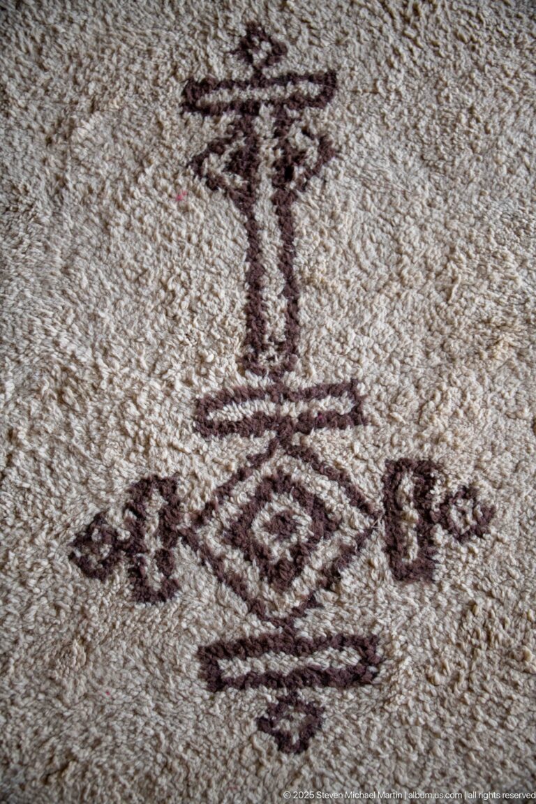 Small dark symbolic mosaic motif embedded in a light stone or terrazzo floor.