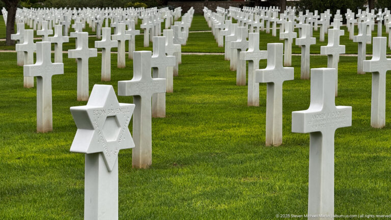 White Star of David grave marker in the foreground among many white Latin crosses on green grass.