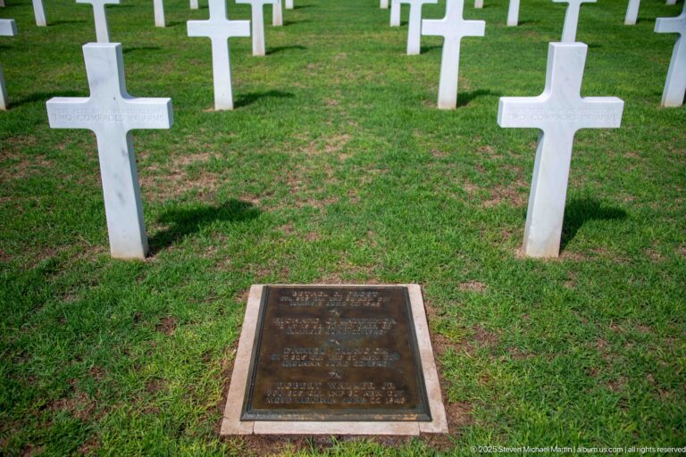 Rectangular bronze plaque set into the grass among upright white cross grave markers.