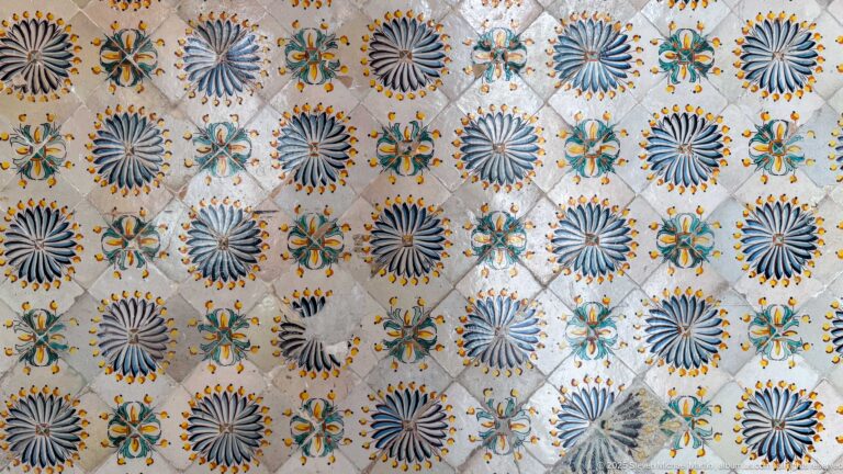 Close view of pale ceramic tiles patterned with large blue radial rosettes and smaller turquoise, yellow, and orange flowers.