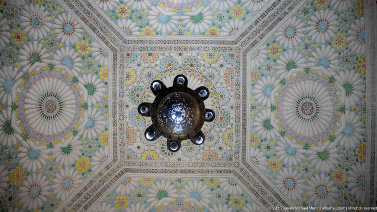 Square decorated ceiling with four large radial rosettes, smaller floral motifs, geometric borders, and a central dark light fixture.