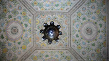 Square decorated ceiling with four large radial rosettes, smaller floral motifs, geometric borders, and a central dark light fixture.