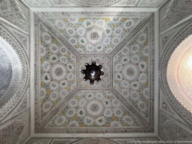 Square floral ceiling with a dark central fixture, framed on four sides by pale carved-plaster vaults and arches.