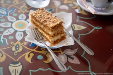 Rectangular layered pastry topped with crushed nuts on a white plate with two forks over a colorful decorated tabletop.