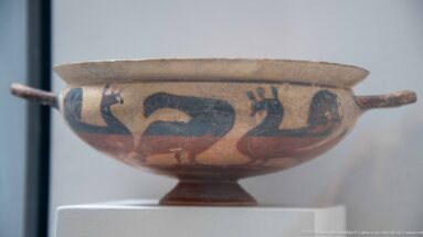 Wide two-handled ceramic bowl painted with long-necked birds in dark and reddish pigment.