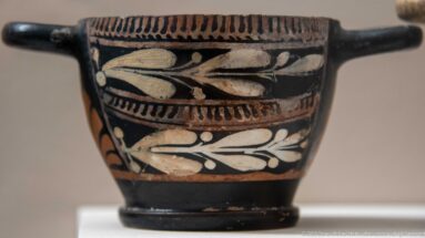 Close view of a black-glazed handled cup decorated with white leaves and floral bands.