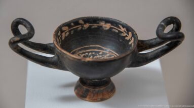 Black-glazed two-handled cup on a pedestal foot with pale painted leaves around the inner rim.