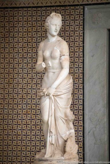 Standing marble female figure with exposed upper torso and drapery wrapped around the hips and one leg.