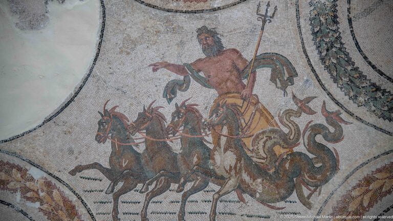 Charioteer driving four horses beside a curling sea creature in a Roman mosaic with patterned border.