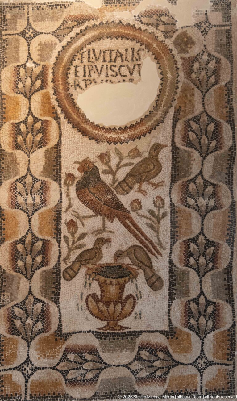 Vertical Roman mosaic panel with long-tailed bird, bowl or basket, partial circular inscription, and patterned side borders.