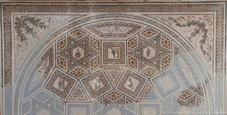 Roman geometric mosaic with nested polygons, diamonds, framed panels, and illusionistic coffer-like depth.