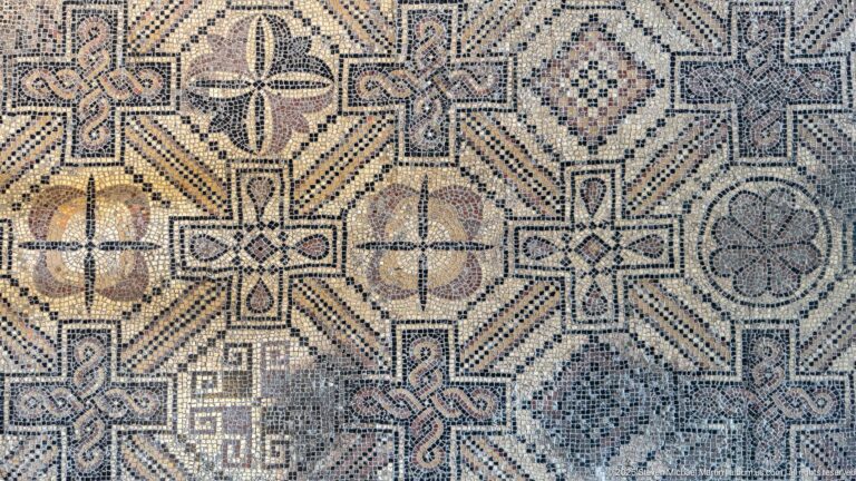 Geometric mosaic pavement with crosses, rosettes, circles, checkerboard diamonds, and interlocking bands in muted colors.