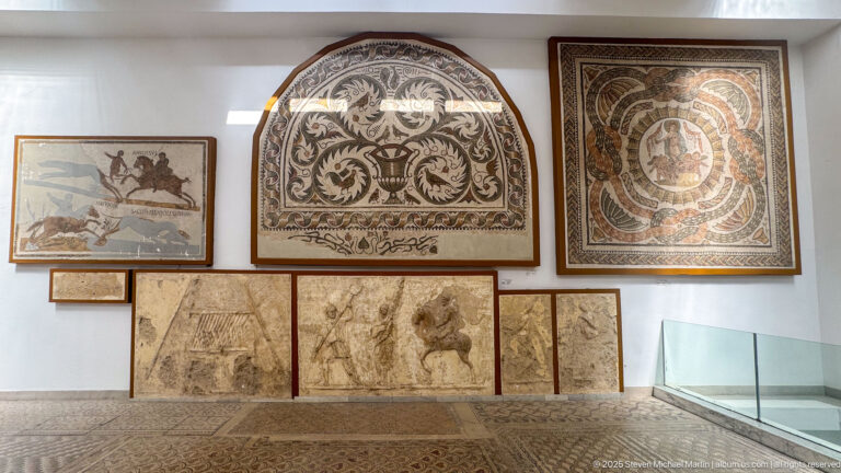 Museum wall displaying an arched vegetal mosaic, circular figural mosaic, maritime panel, and stone relief fragments.