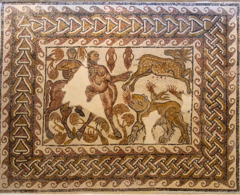 Roman animal mosaic with a central large feline, deer, birds, and other wild animals inside braided borders.