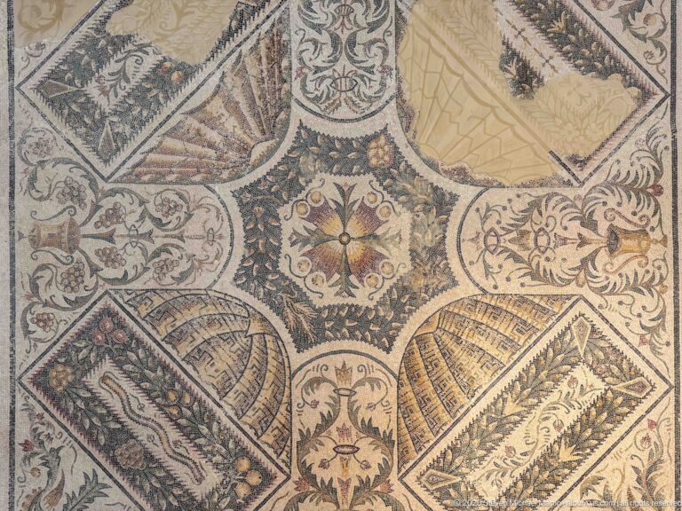 Close view of mosaic pavement with multicolored star medallion, lozenges, leaf scrolls, and geometric compartments.