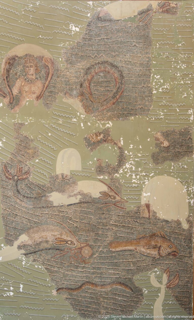 Fragmentary Roman marine mosaic with fish and aquatic creatures swimming across a pale field with extensive losses.