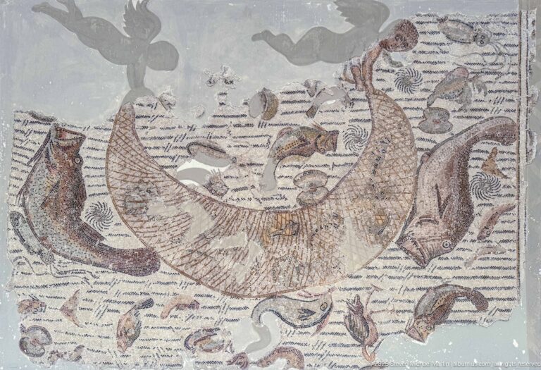 Roman maritime mosaic with a large curved boat, fishermen, fish, rays, and other sea creatures in patterned water.