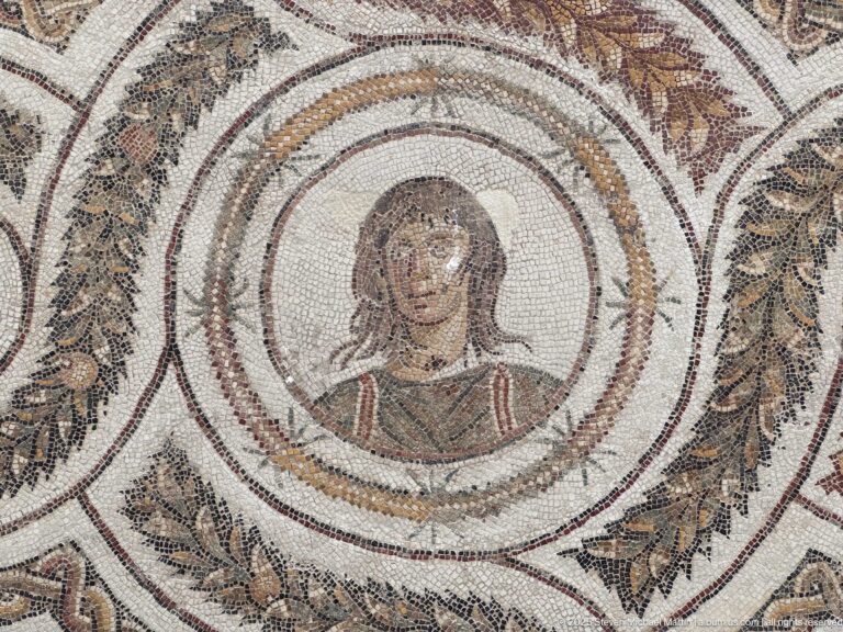 Roman mosaic bust of a young woman with dark hair inside concentric circular bands and leafy ornament.