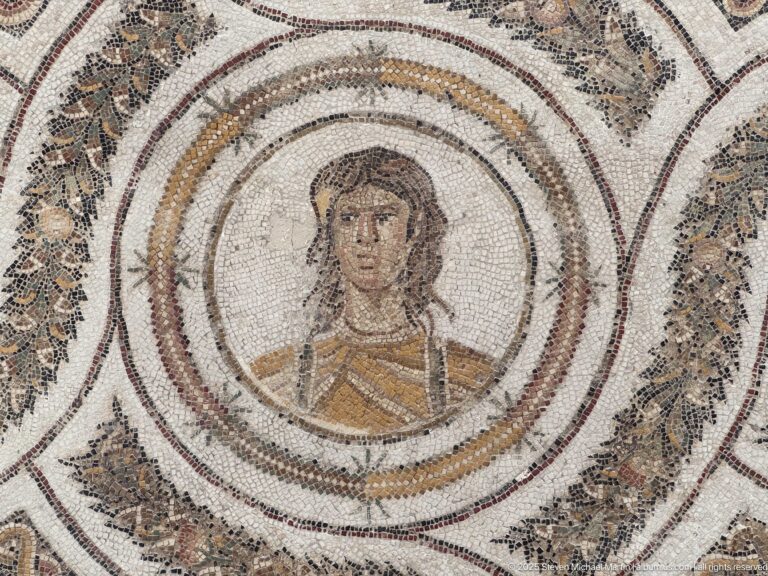 Front-facing young woman with dark hair and ochre garment in a circular Roman mosaic medallion with leafy border.
