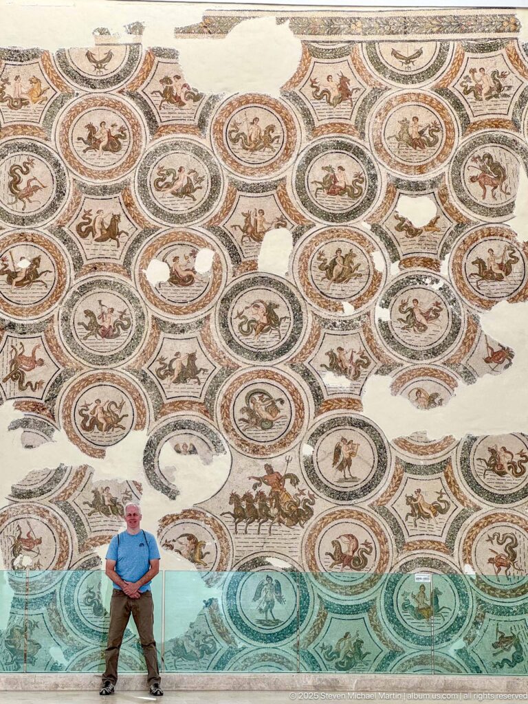 Oblique view of a large Roman mosaic filled with circular animal and human medallions and several missing sections.