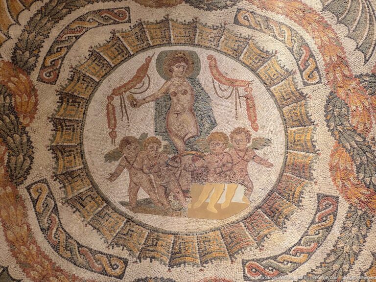 Female figure standing above several children in the central medallion of a Roman mosaic with ornate geometric and vegetal borders.