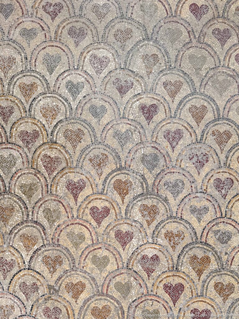 Broad floor mosaic covered with overlapping semicircular scales and small multicolored accents in red, ochre, gray, and black.
