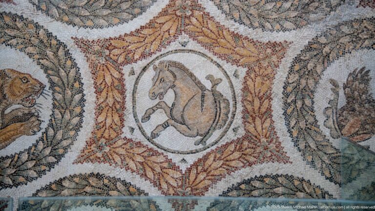 Rearing horse inside a circular medallion surrounded by red-gold vegetal ornament and partial neighboring animal roundels.