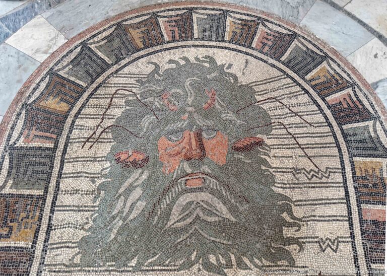 Bearded head of Oceanus with flowing hair and marine attributes in a third-century mosaic from ancient Utica.