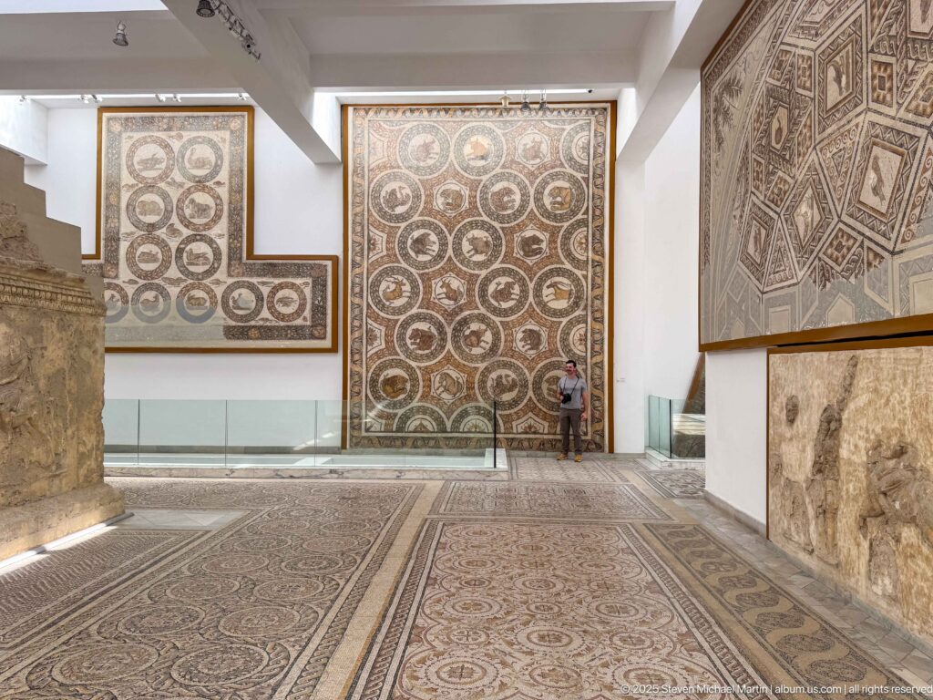 Visitor standing beside monumental wall-mounted Roman mosaics in a gallery with additional mosaic pavements on the floor.