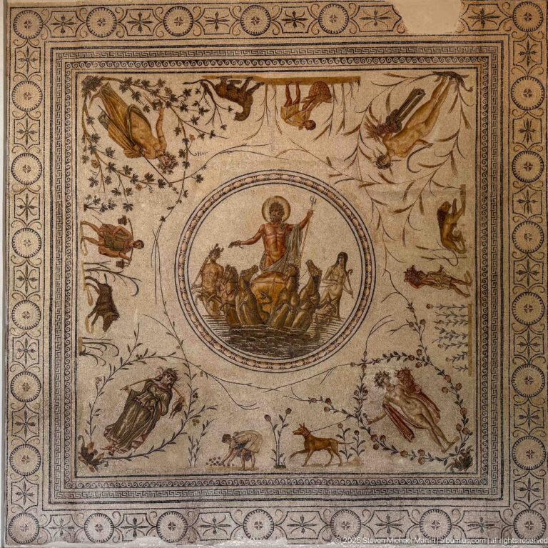 Large Roman mosaic with a central marine deity in a circular scene, surrounded by birds, animals, plants, and geometric borders.