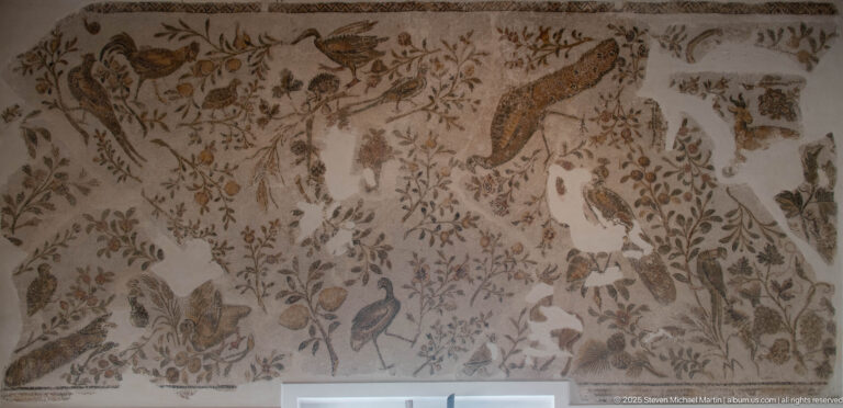 Large Roman mosaic filled with varied birds, fruiting branches, leaves, flowers, and small animals on a pale ground.