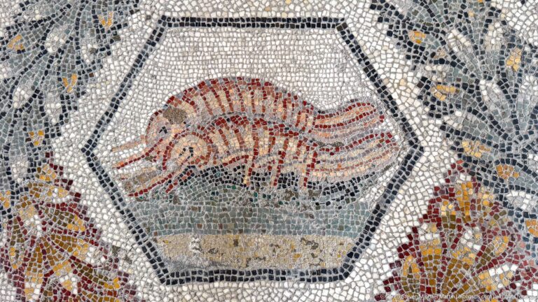 Colorful bird rendered in red, ochre, white, and dark tesserae inside a polygonal mosaic compartment.