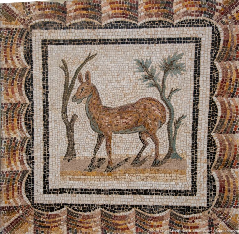 Slender horned antelope-like animal standing between two small trees inside a framed Roman mosaic panel.