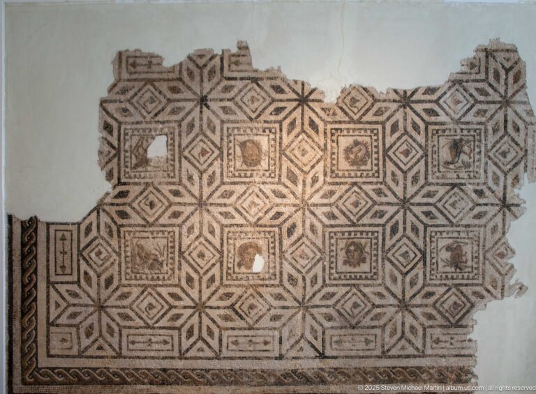 Fragmentary Roman mosaic with interlocking lozenges and square compartments containing small animal and floral motifs.
