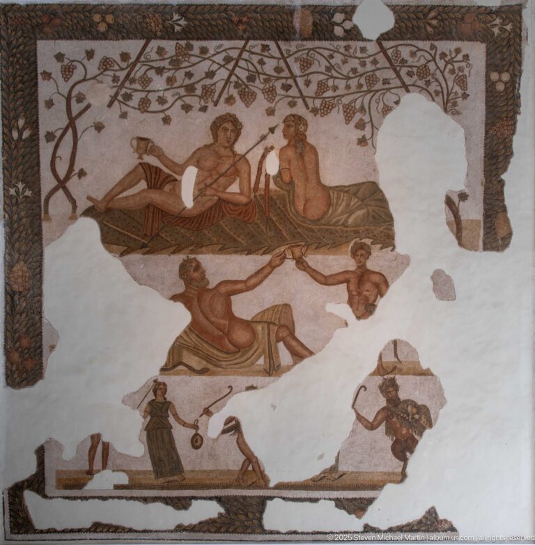 Fragmentary Roman mosaic with reclining figures in the upper scene and smaller human activity scenes below, interrupted by large losses.