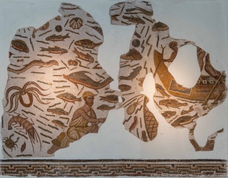Fragmentary Roman marine mosaic with numerous fish, seated and standing fishermen, and pieces of boats or fishing gear.