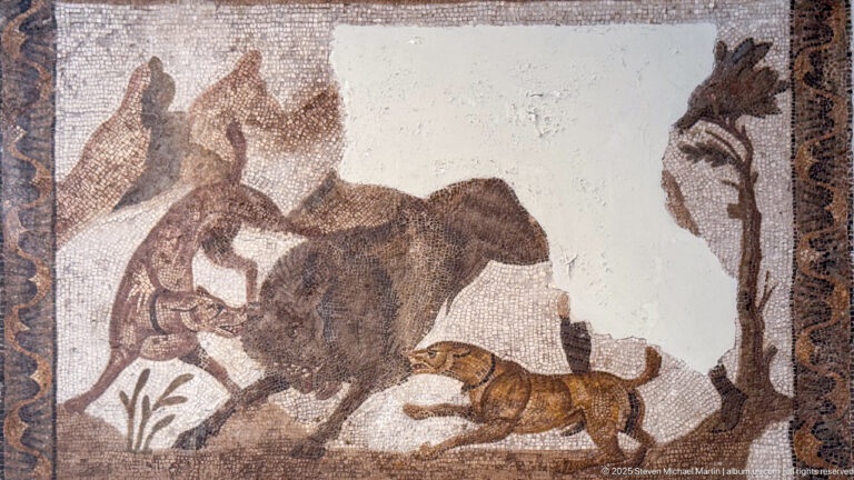 Large dark wild boar bending toward a smaller crouching animal in a fragmentary Roman landscape mosaic.