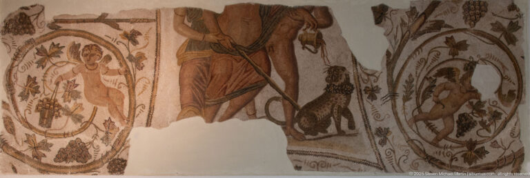 Fragmentary Roman mosaic with monumental male figure, spotted feline, vegetation, and circular animal medallions.