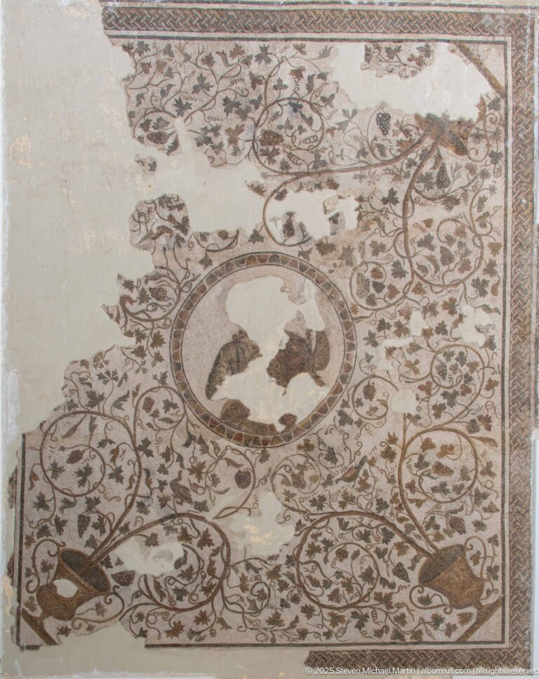 Large Roman floor mosaic with central bird medallion, scrolling vines, leaves, birds, and extensive areas of loss.
