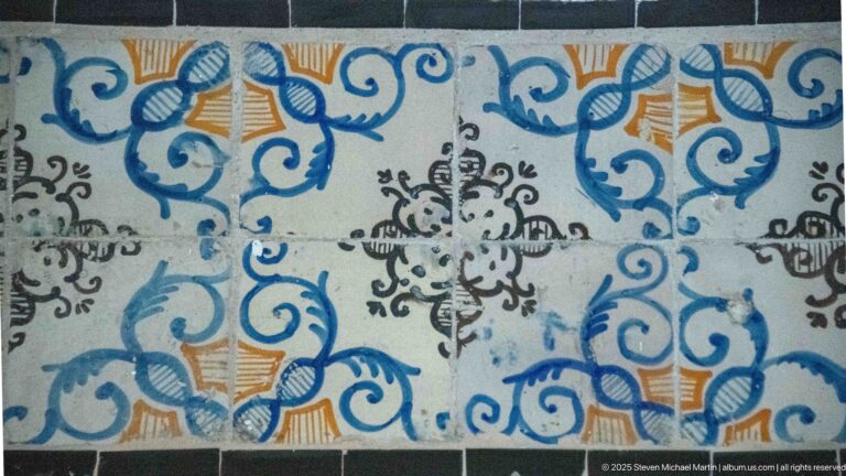 Aged ceramic tiles with cobalt-blue scrolling vines, black flourishes, ochre accents, and visible wear across the surface.