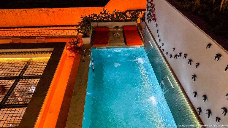 Long narrow blue pool seen from above beside a white wall covered with small dark bird-shaped ornaments.