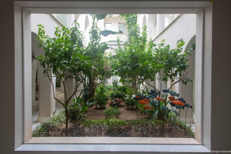 Green courtyard garden with small trees and flowering plants framed by white plastered arches and shaded interior openings.