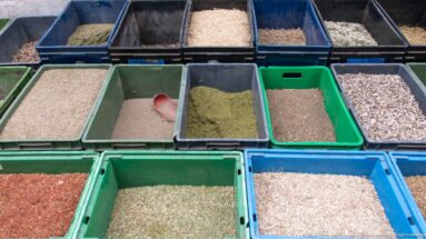 Rows of plastic bins filled with pale grains, dried herbs, seeds, and colored spice mixtures, with a red scoop in one tray.