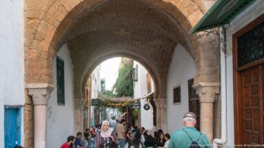 Large stone-and-brick arch framing a crowded medina lane with pedestrians, green shutters, signs, and flowering greenery.